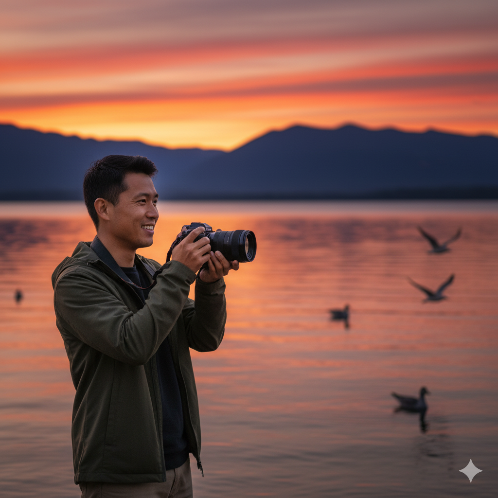 摄影师在湖边拍摄